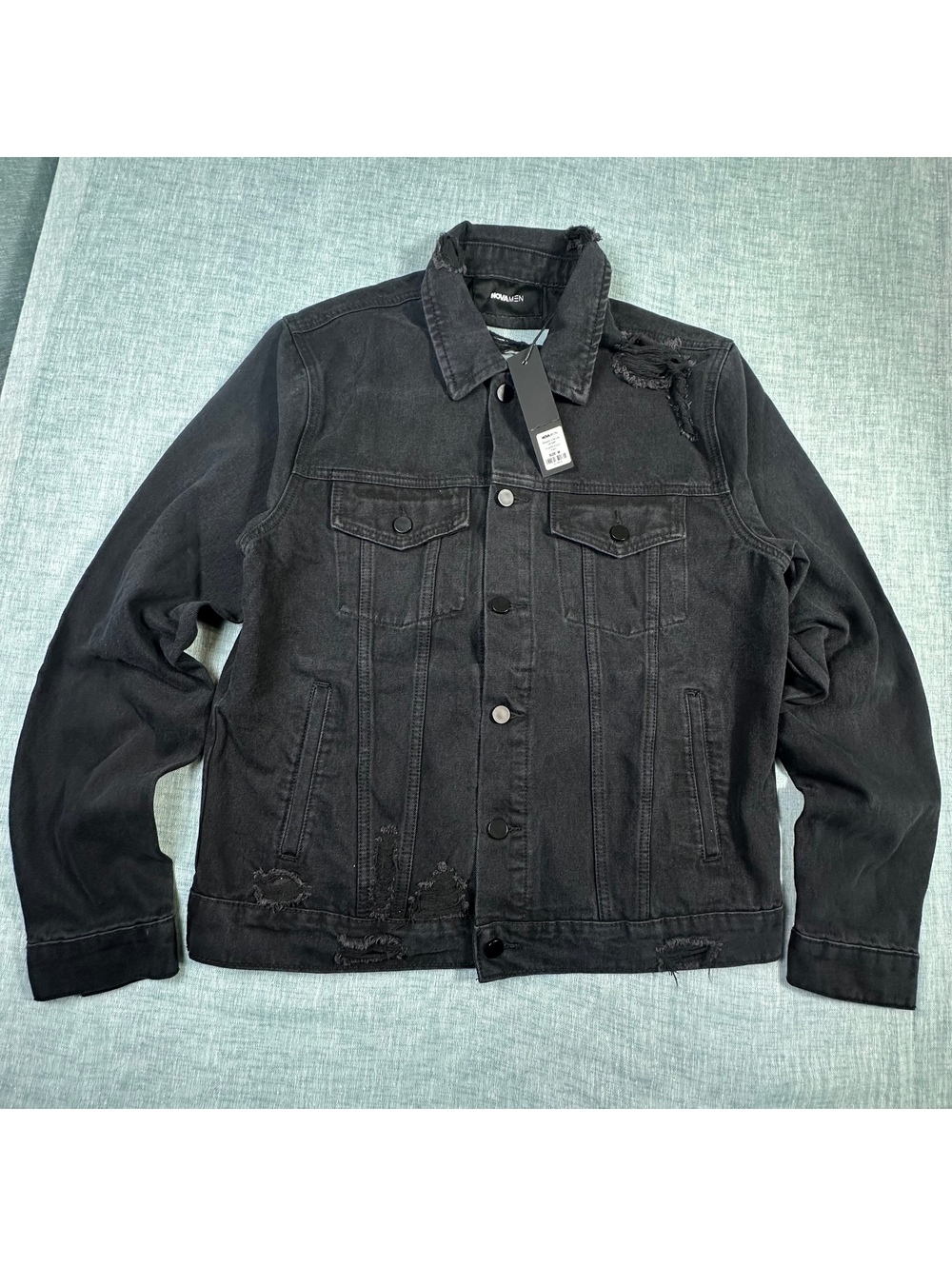 NOVA MEN Mason Denim Jacket NWT Mens Sz M Black Distressed Trucker Jean Jacket